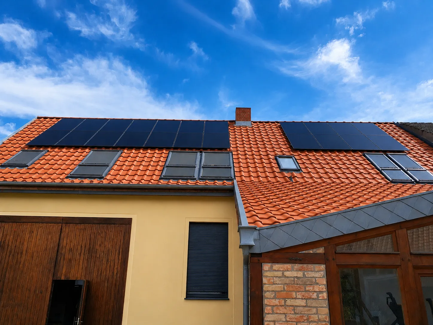 Fertige Photovoltaikanlage in Buchholz bei Beelitz: schwarze SolarFabrik Full-Black-Module dachparallel auf zwei Dachflächen eines Wohnhauses mit rotem Ziegeldach
