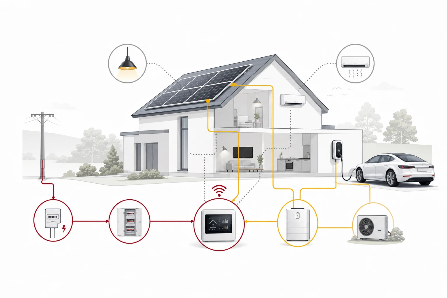 Illustration eines modernen Einfamilienhauses mit den vernetzten Komponenten Hausanschluss, Zählerschrank, Energiemanagement, Photovoltaik, Batteriespeicher, Wallbox, Wärmepumpe und Klimaanlage — verbunden durch farbige Energie- und Steuerlinien.