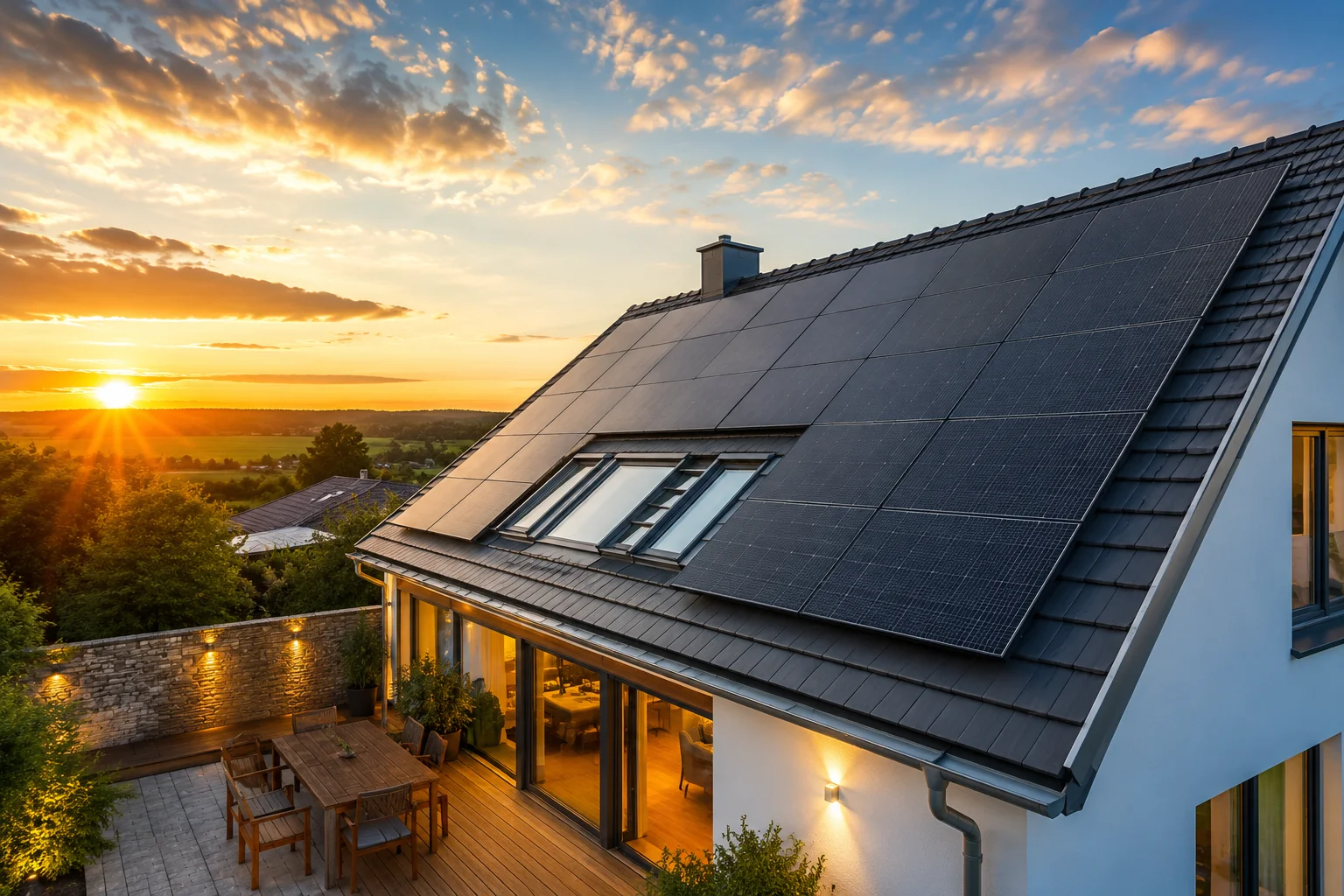 Photovoltaikanlage auf einem Wohnhausdach im warmen Licht des Sonnenuntergangs