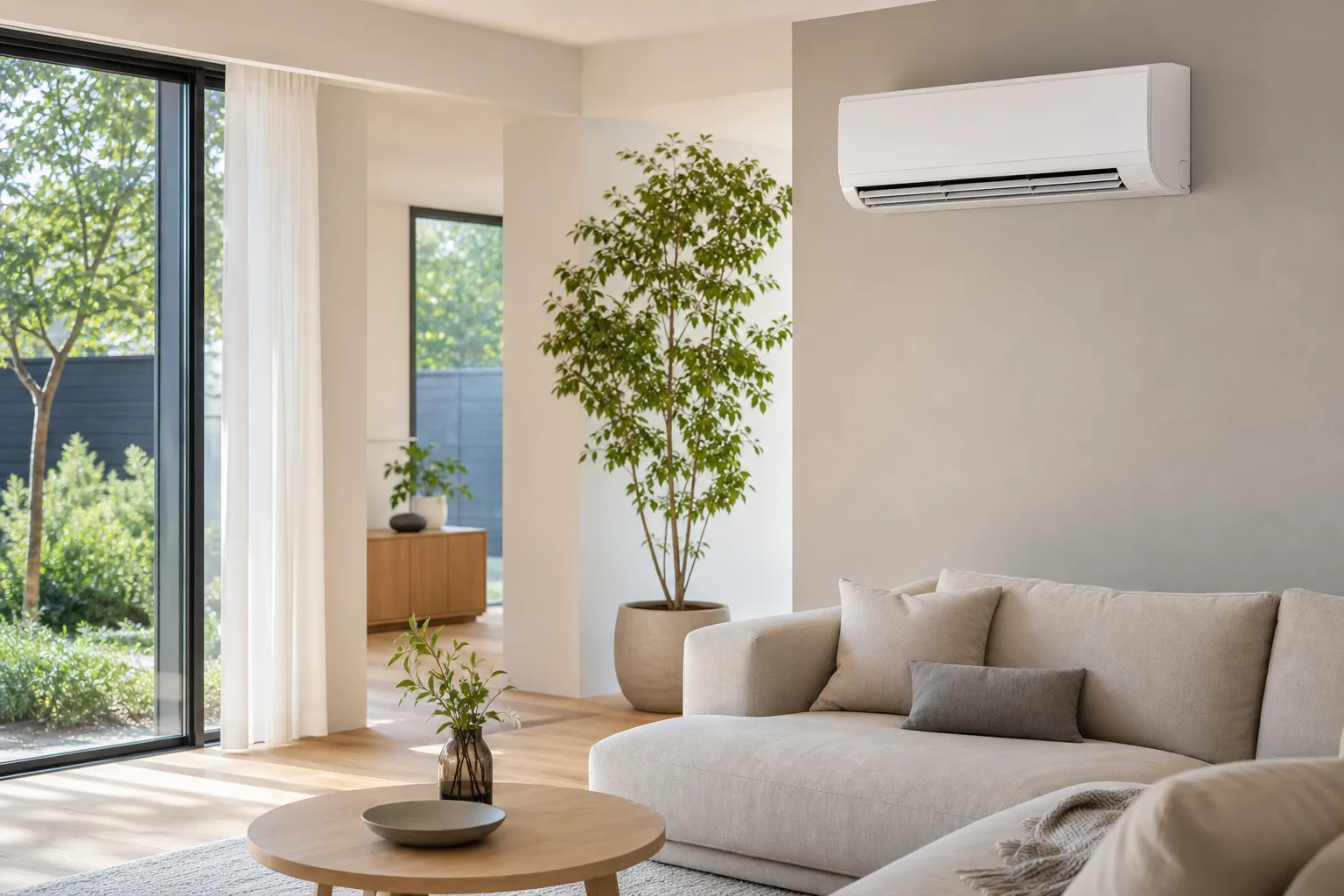 Wandmontiertes Split-Klimagerät in einem hellen Wohnzimmer