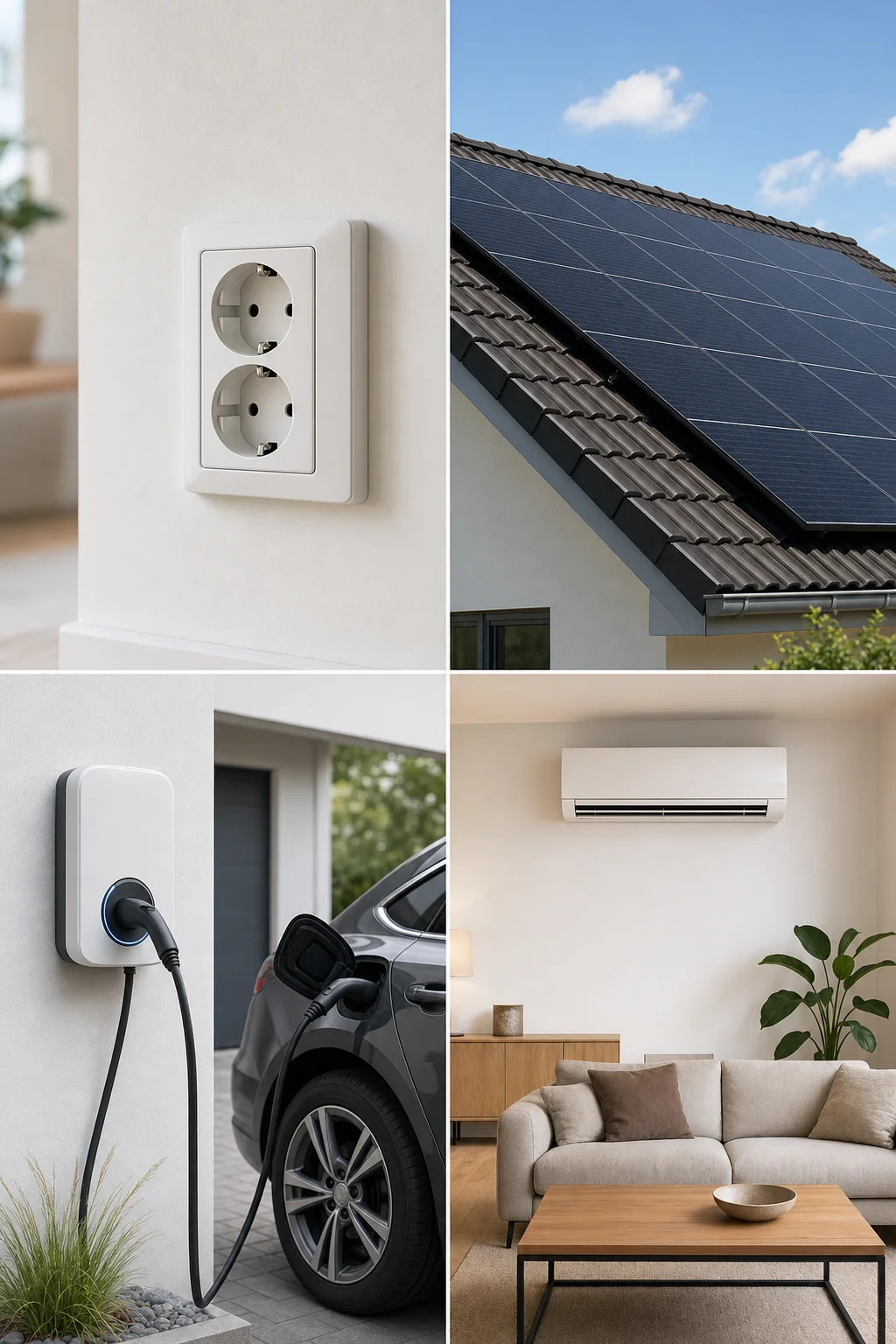 Vier Bereiche moderner Gebäudetechnik im Überblick: Elektroinstallation mit Schalter, Photovoltaikanlage auf dem Dach, Wallbox für das E-Auto und Wand-Klimagerät