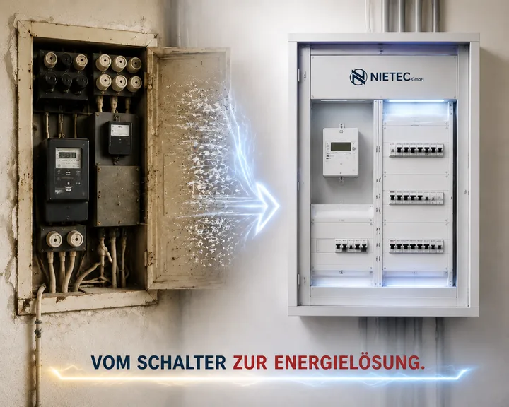 Illustration „Vom Schalter zur Energielösung" — alter Zählerschrank neben modernem Zählerschrank, verbunden durch einen leuchtenden Energiepfeil, mit Photovoltaik-, Speicher-, Wallbox- und Wärmepumpen-Symbolen.